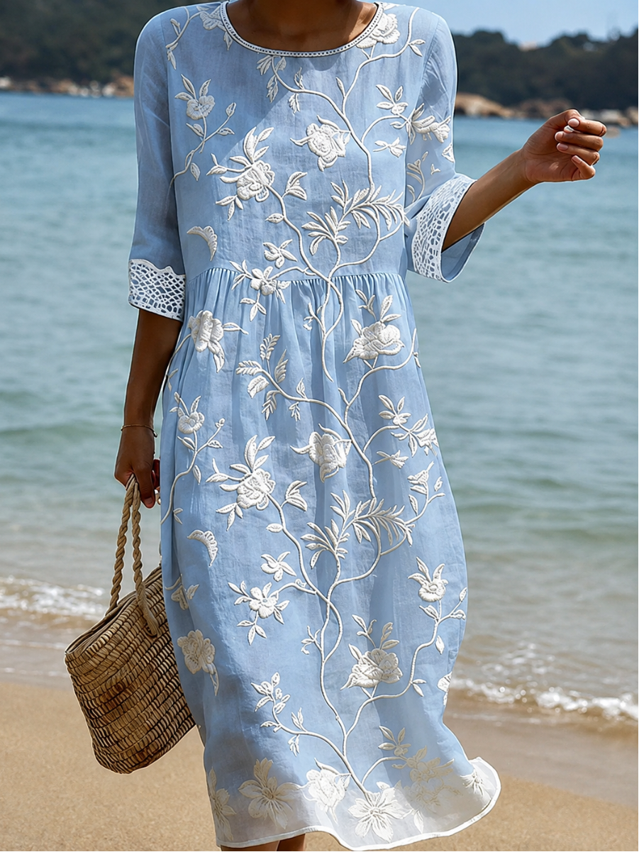 Elegant Floral Embroidery Midi Dress with 3/4 Sleeves