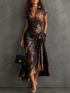 Abstract Print Wrap Midi Dress with Shirt Collar