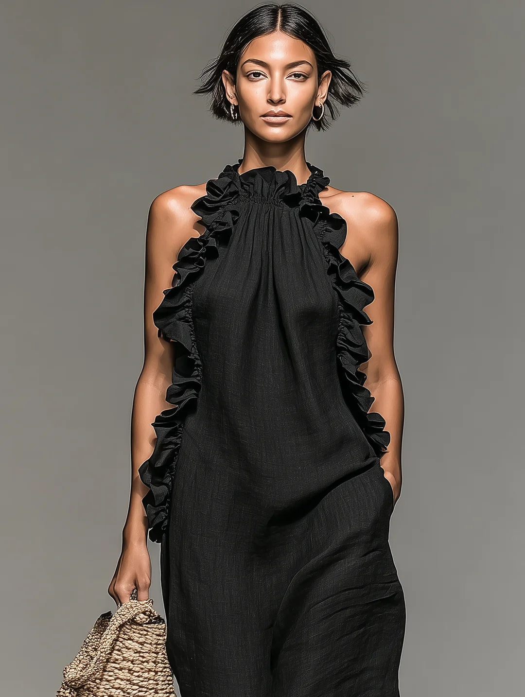 Ruffle-Trim Halter Maxi Dress with Pockets