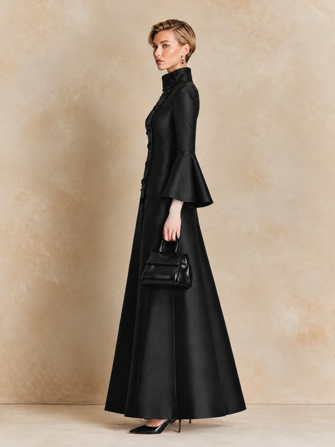 Elegant High-Collar Bell Sleeve Maxi Dress