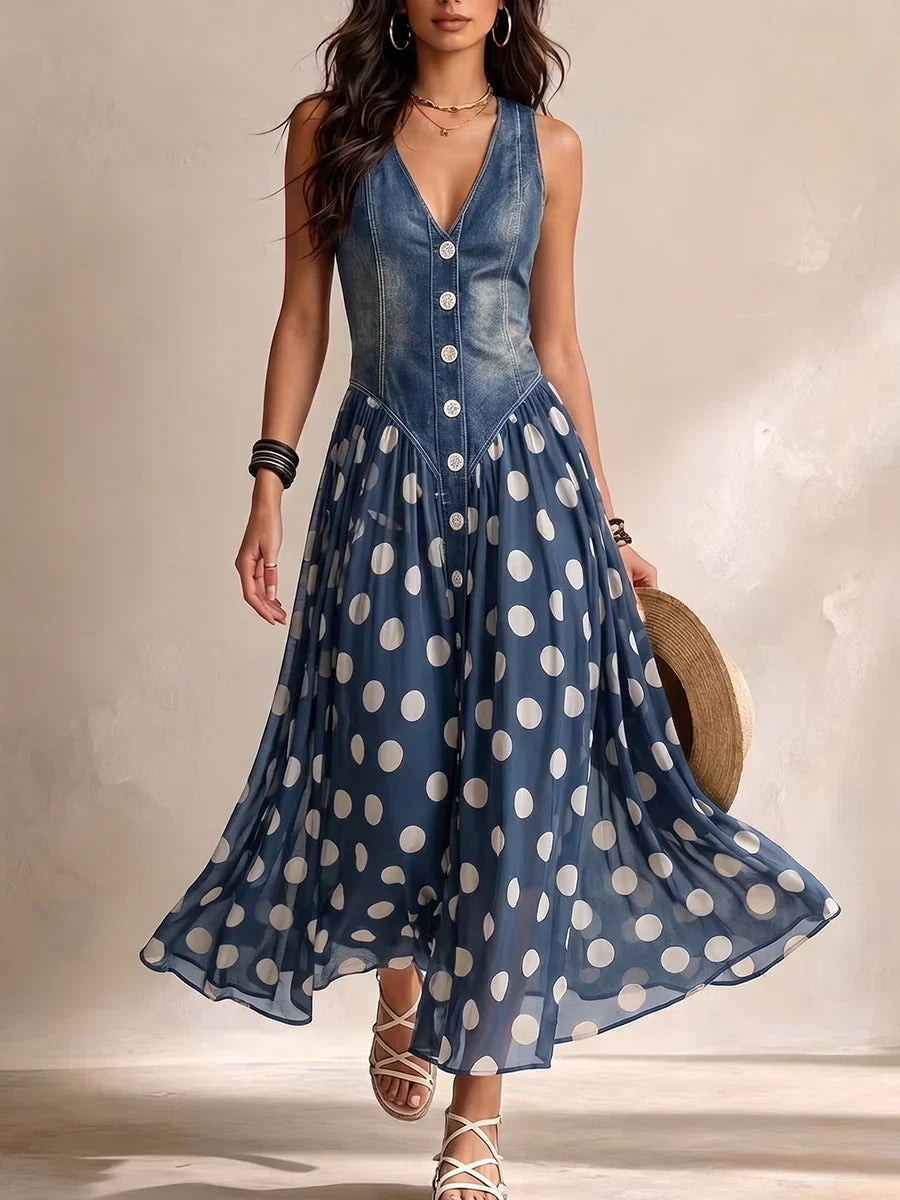Denim Polka Dot Maxi Dress