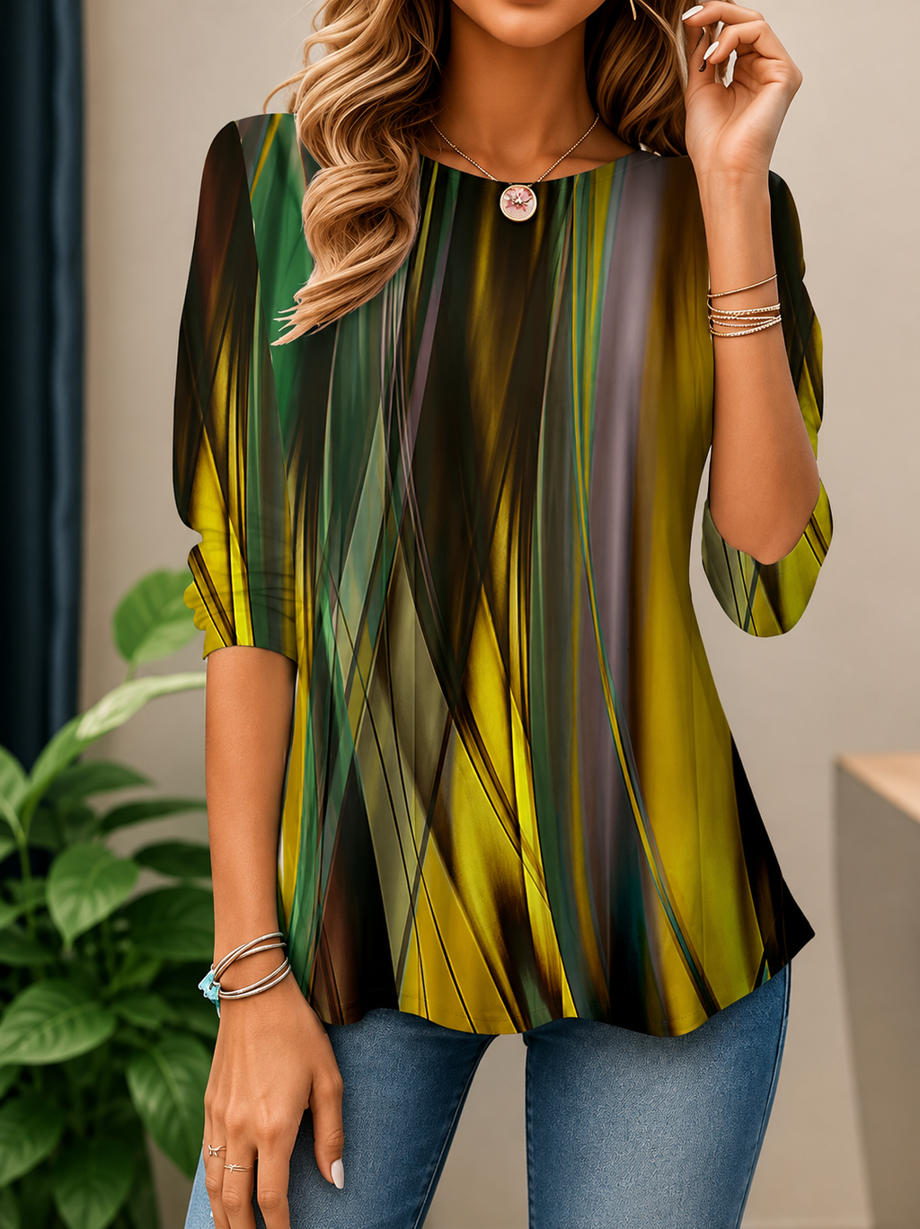 Elegant Abstract Print Relaxed Blouse with 3/4 Sleeves