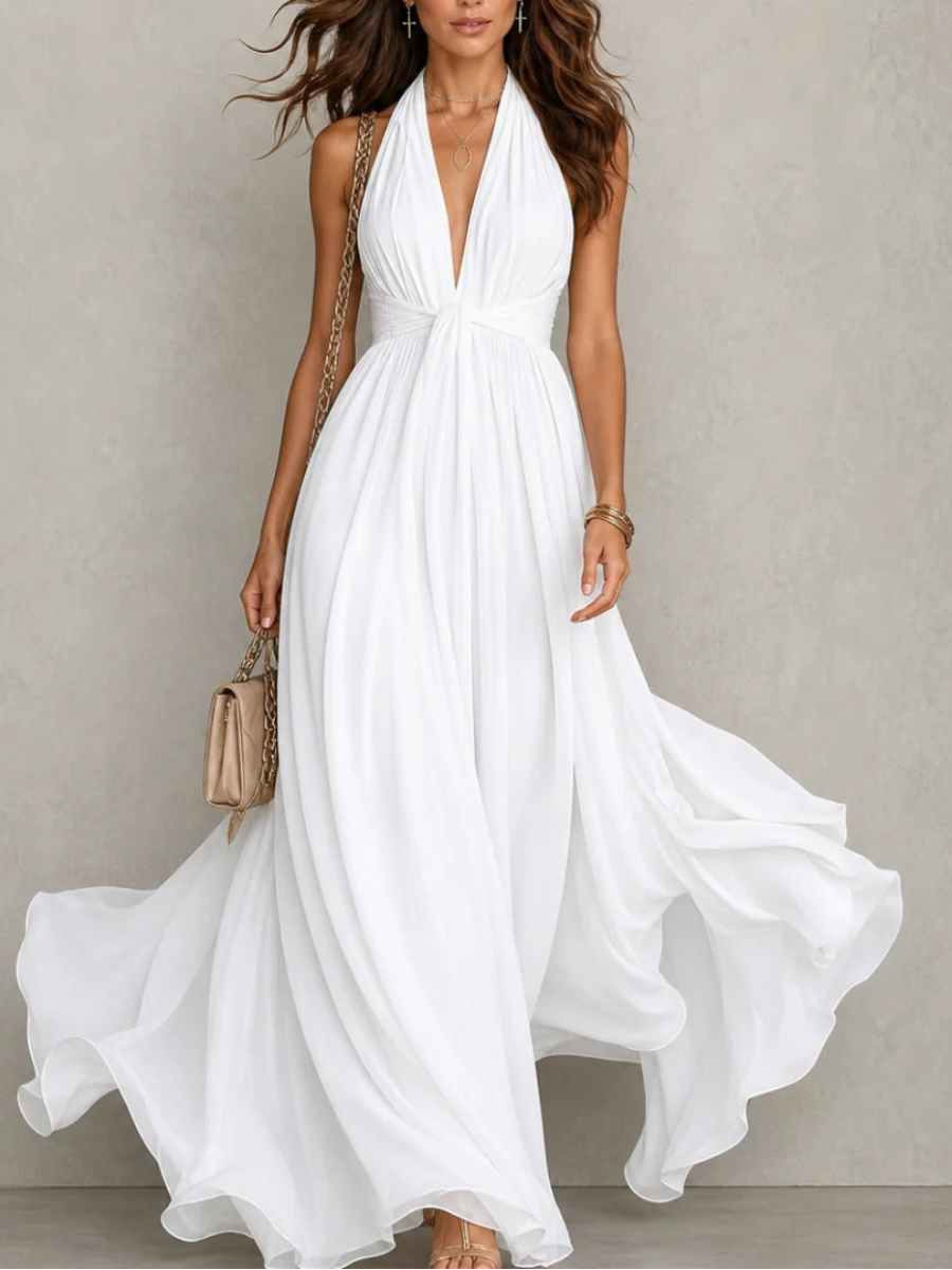 Twist-Waist Halter Chiffon Maxi Dress