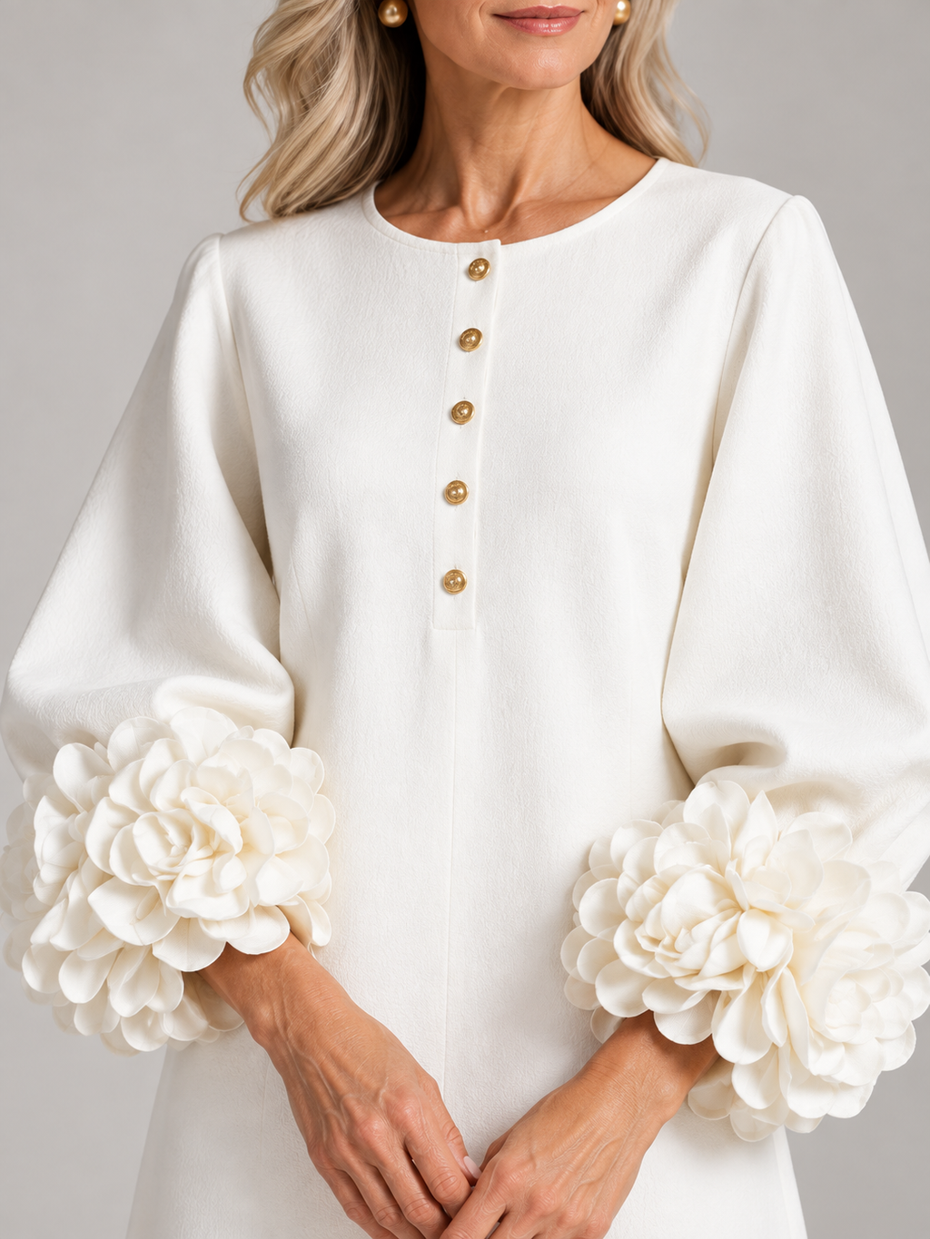 3D Floral Detail Midi Dress with Statement Sleeves