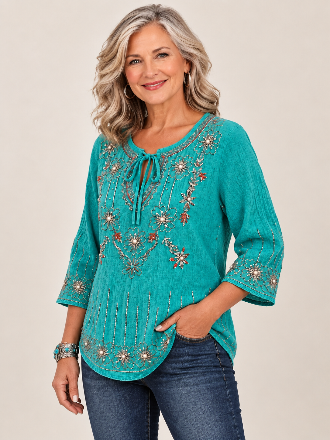 Floral Embroidered Split V-Neck 3/4 Sleeve Blouse