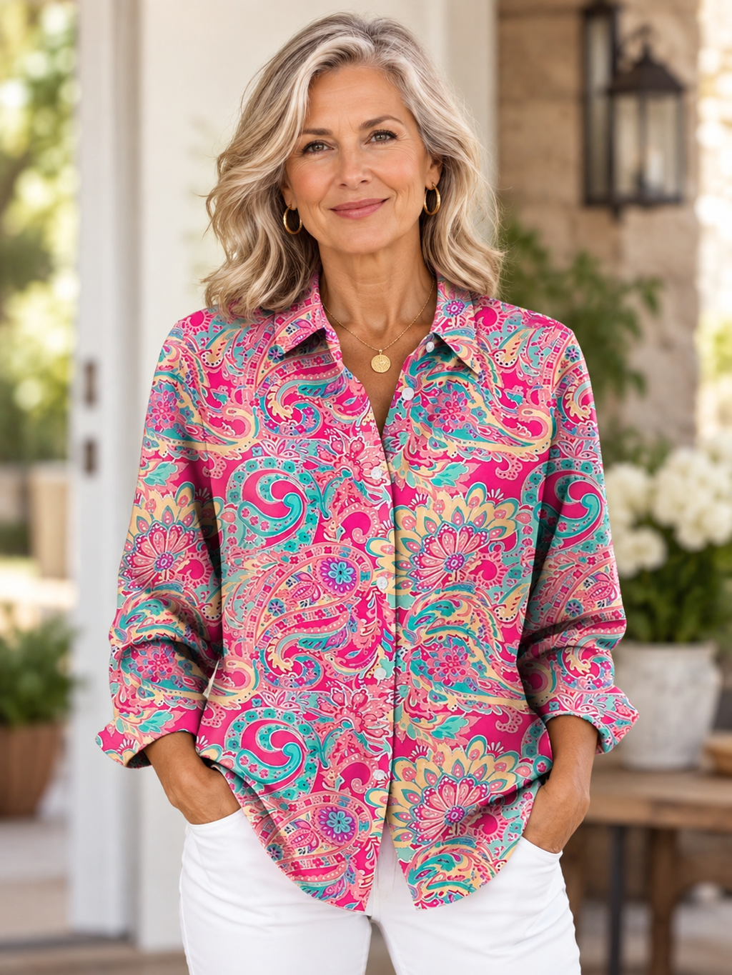 Paisley Print Button-Up Blouse