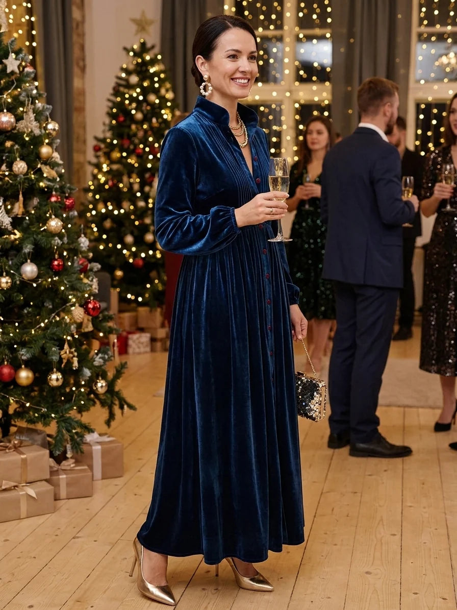Velvet Button Front Maxi Dress