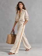 Khaki Cotton-Linen Shirt And Trousers Two-Piece Set