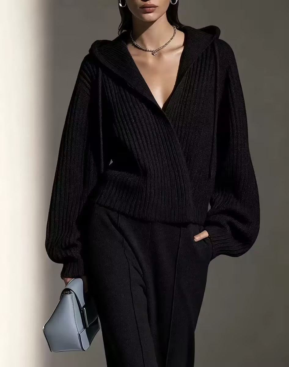 Hooded Long-Sleeve Knit Cardigan