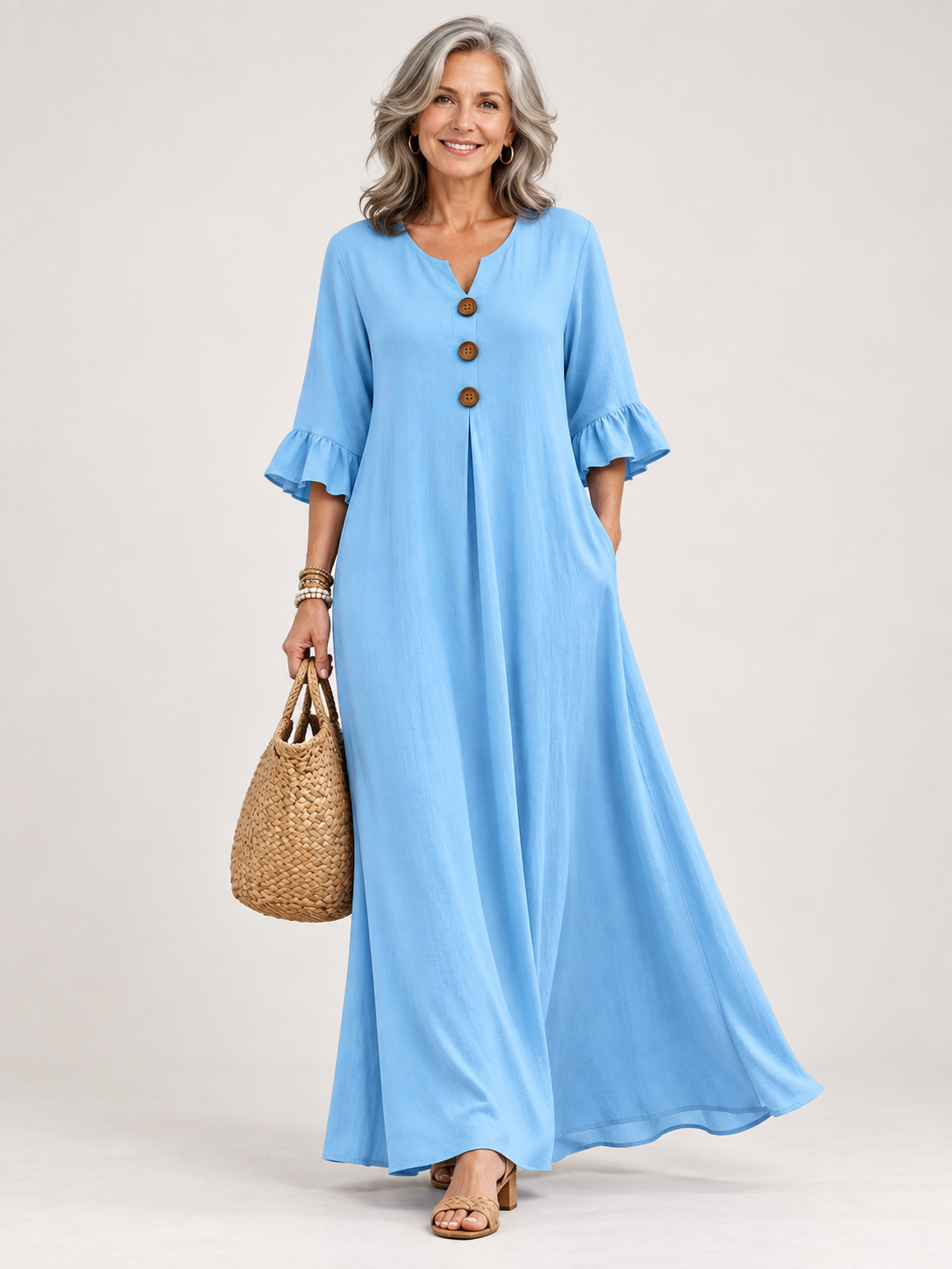 Boho A-Line Maxi Dress with Wooden Buttons and Ruffle Detail