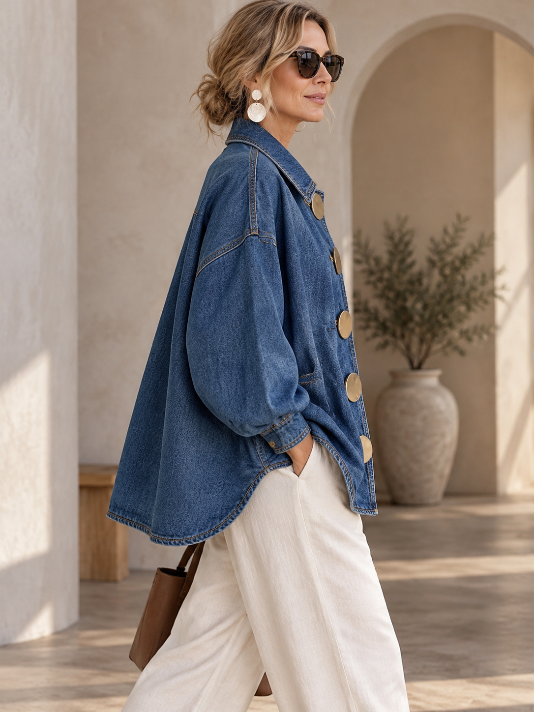 Collared Oversized Denim Jacket With Large Metal Buttons