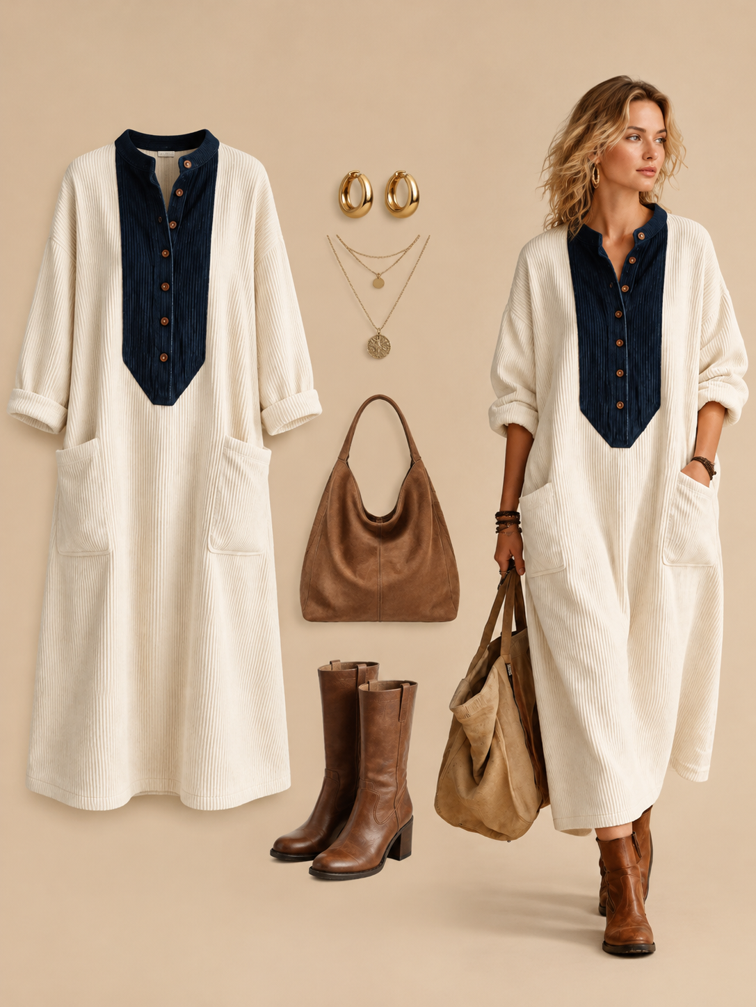 Boho Casual Cozy Colorblock Faux Suede Maxi Dress