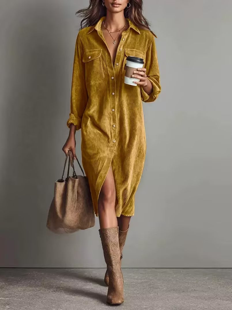 Corduroy Button-Front Midi Shirt Dress with Pockets