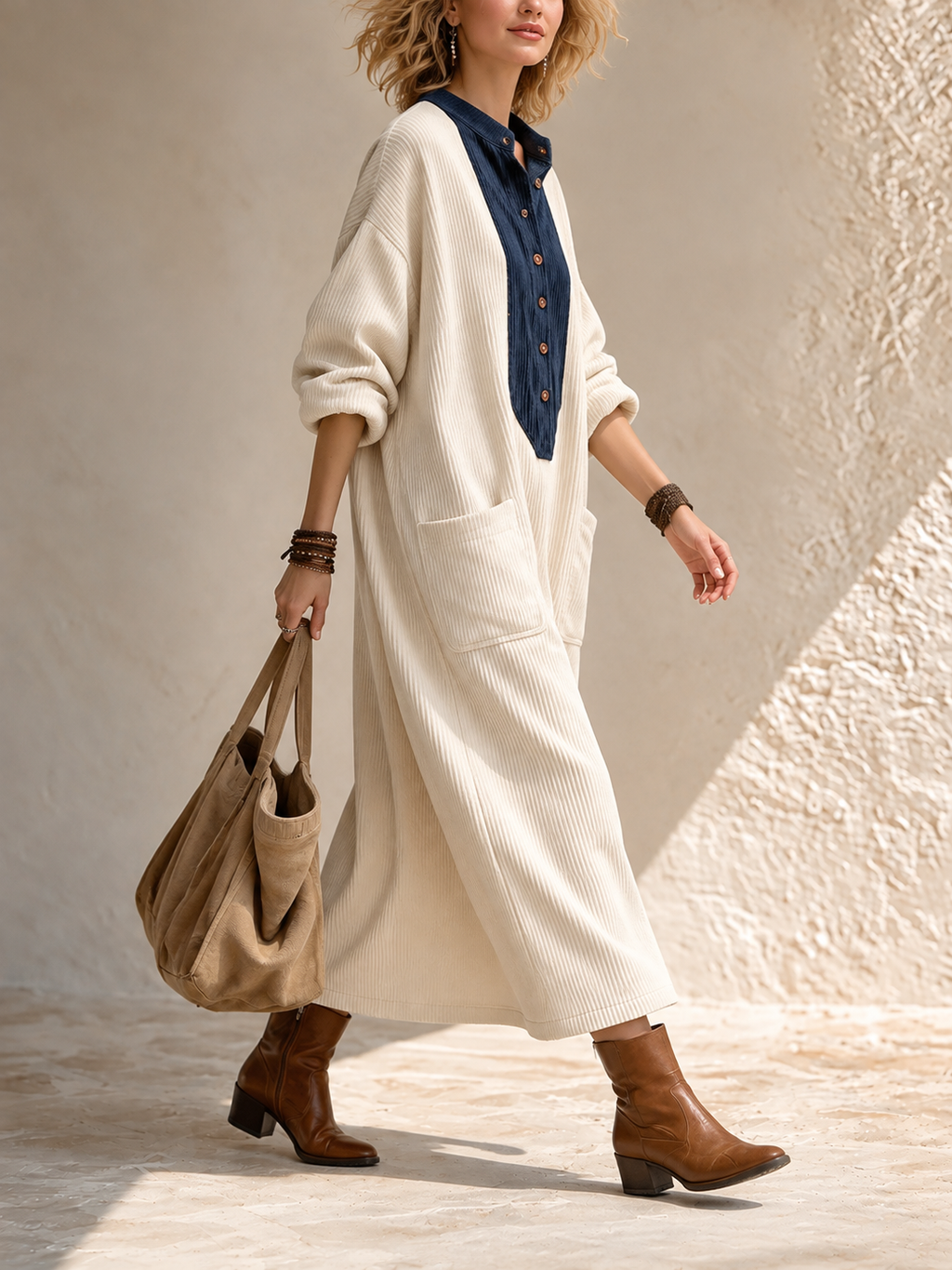 Boho Casual Cozy Colorblock Faux Suede Maxi Dress