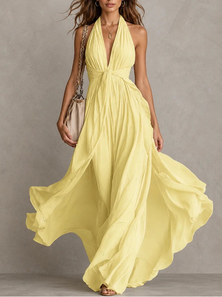 Twist-Waist Halter Chiffon Maxi Dress