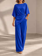 Conjunto de blusa drapeada y pantalón de pierna ancha