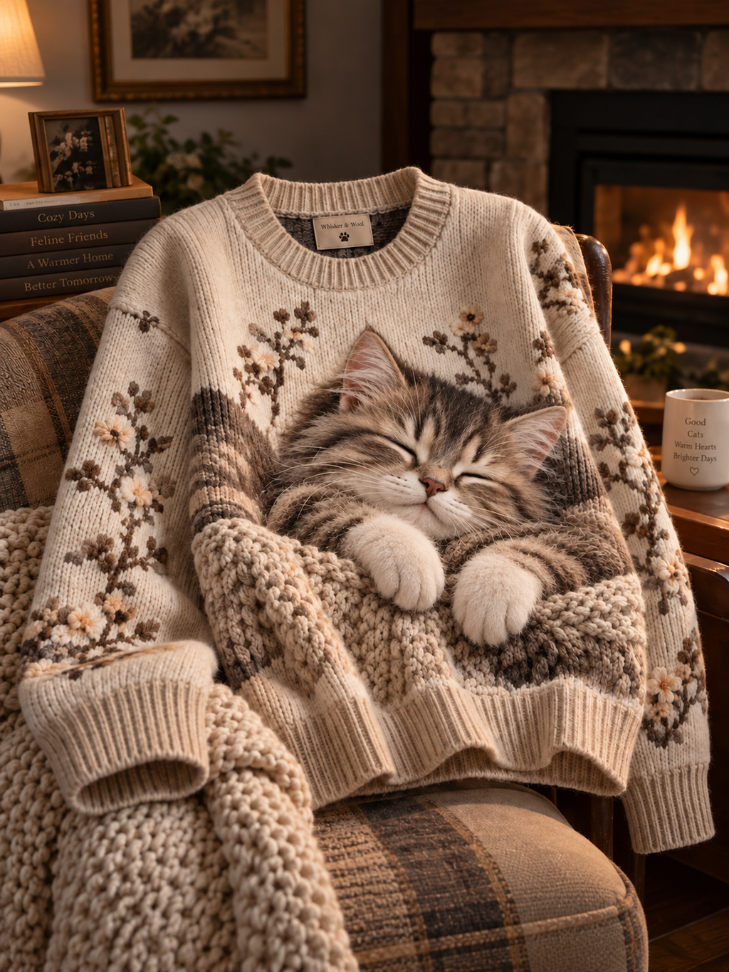 Dzianinowy sweter oversize z kotem