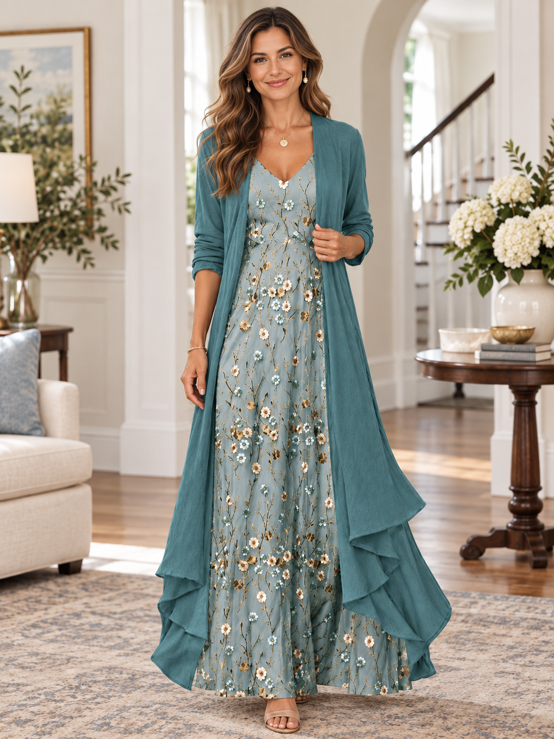Elegant Floral Maxi Dress with Lightweight Cardigan -2- Piece Set