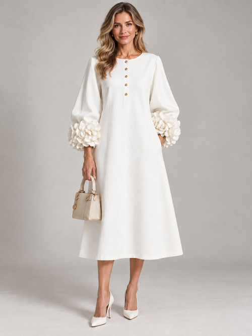 3D Floral Detail Midi Dress with Statement Sleeves