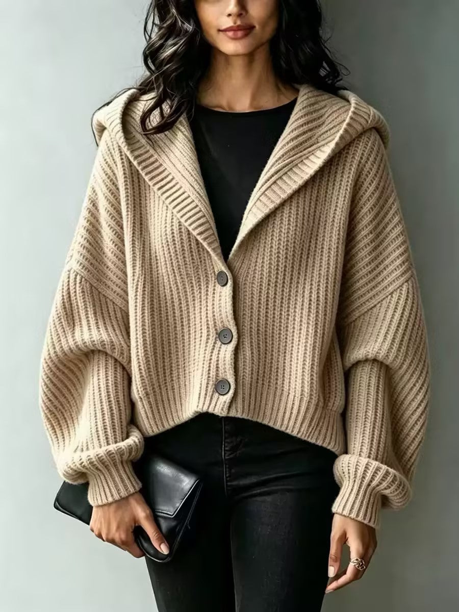 Hooded Chunky-Ribbed Knit Cardigan