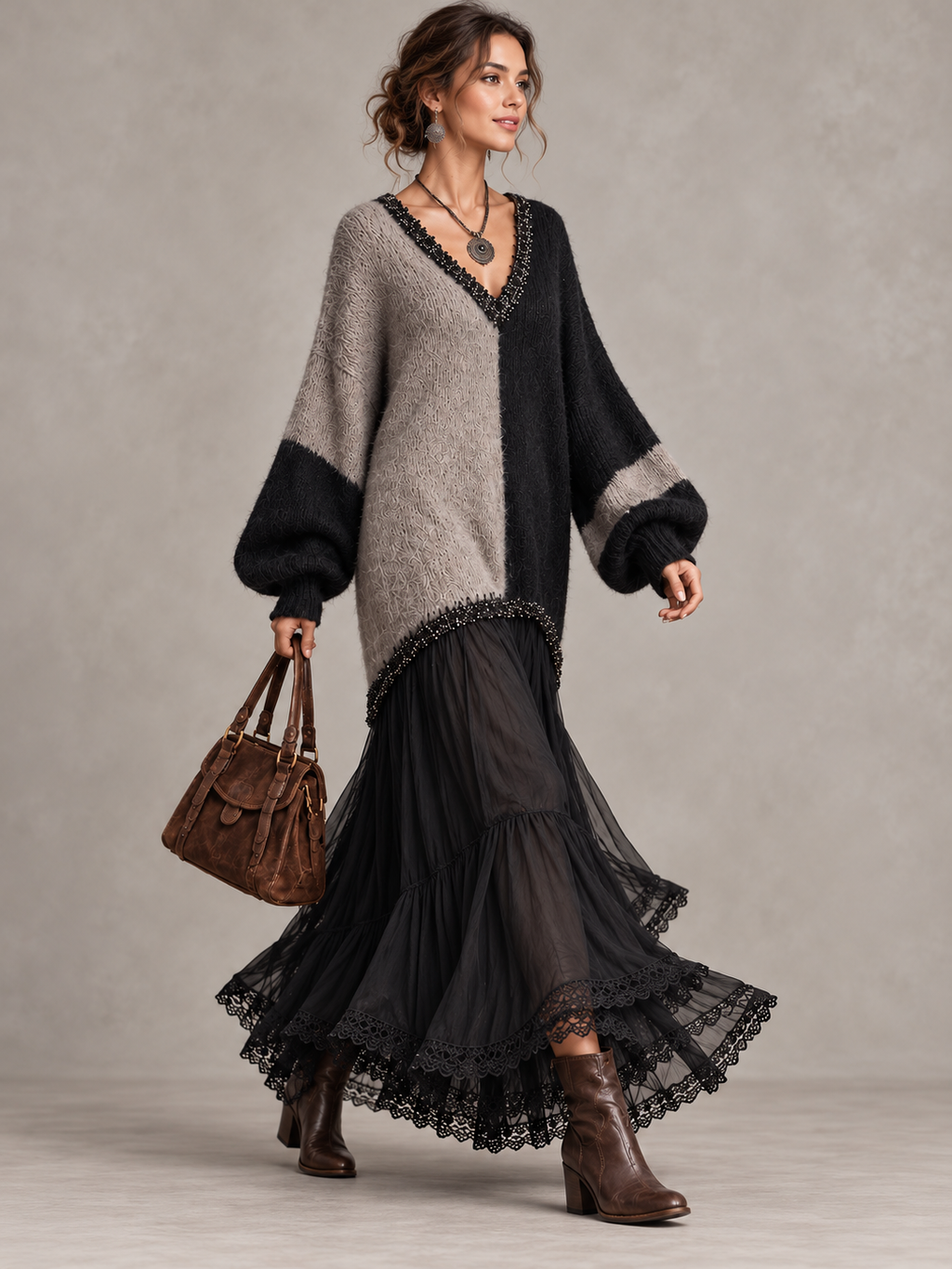 Elegant V-neck Knit And Lace Color-block Panel Maxi Dress