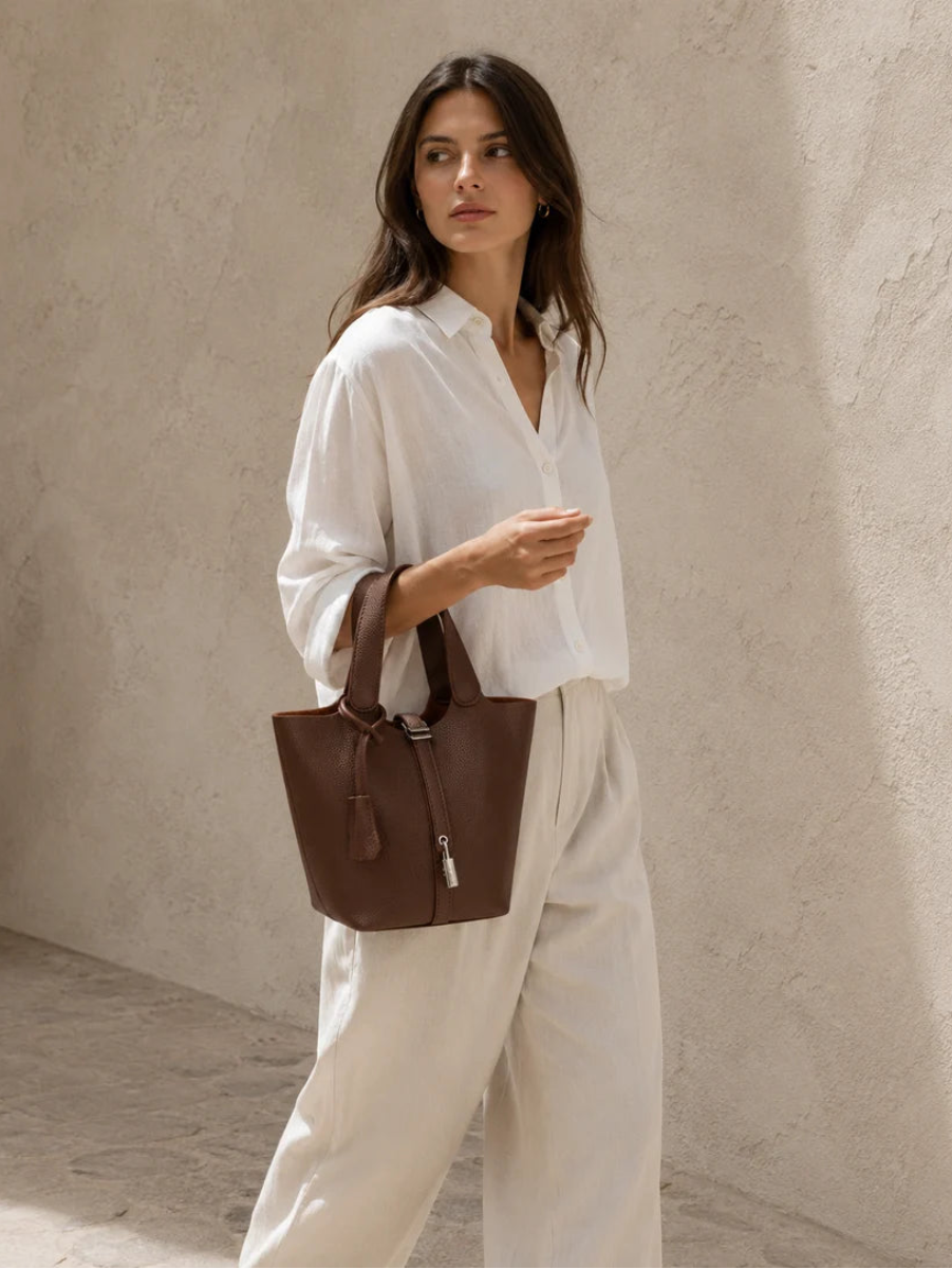 Minimalist Lock-Detail Bucket Tote Bag