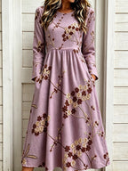 Light Purple Floral Print Round Neck Long Sleeve Midi Dress
