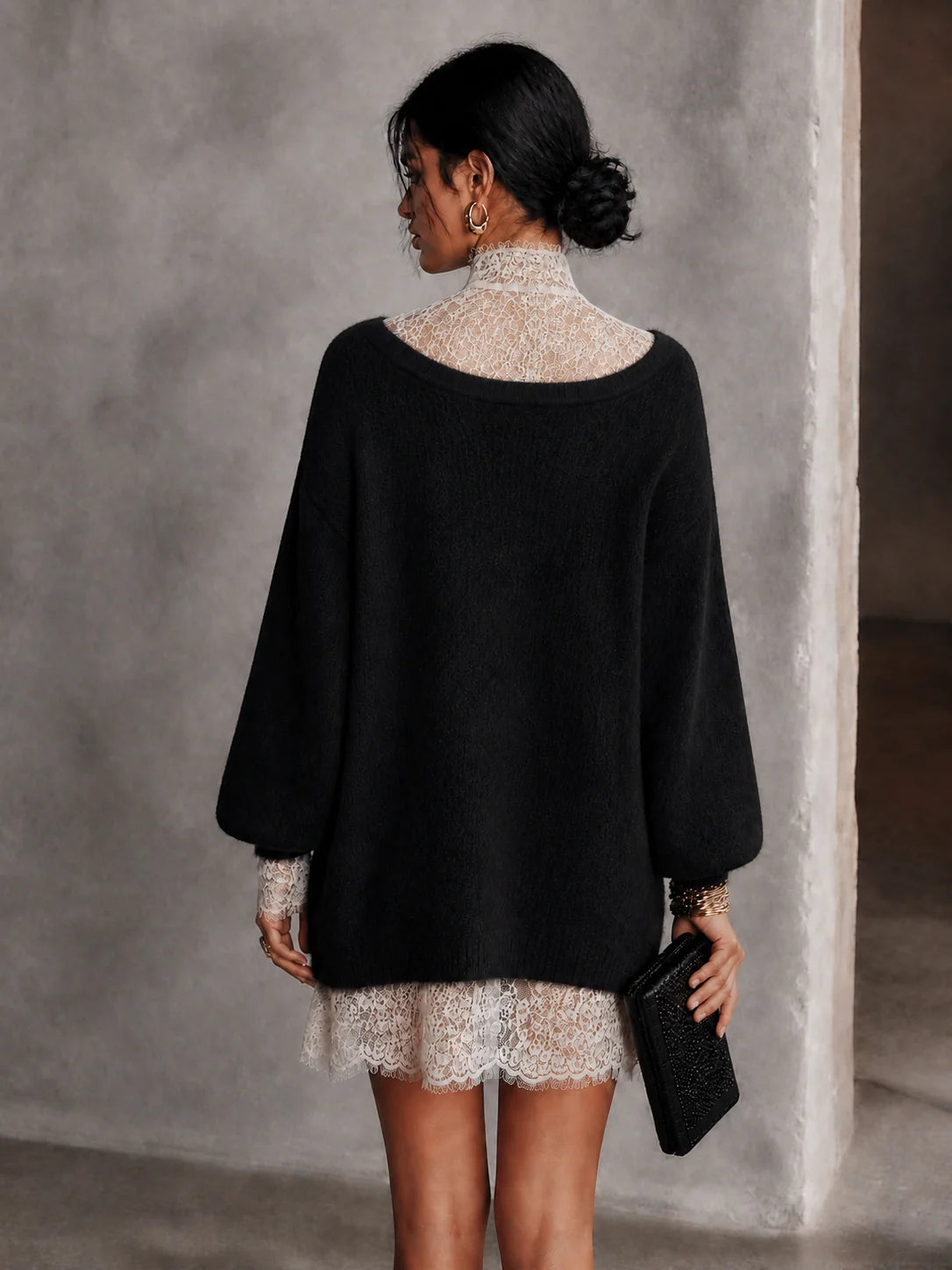 Lace Trim Elegant Knit Mini Dress