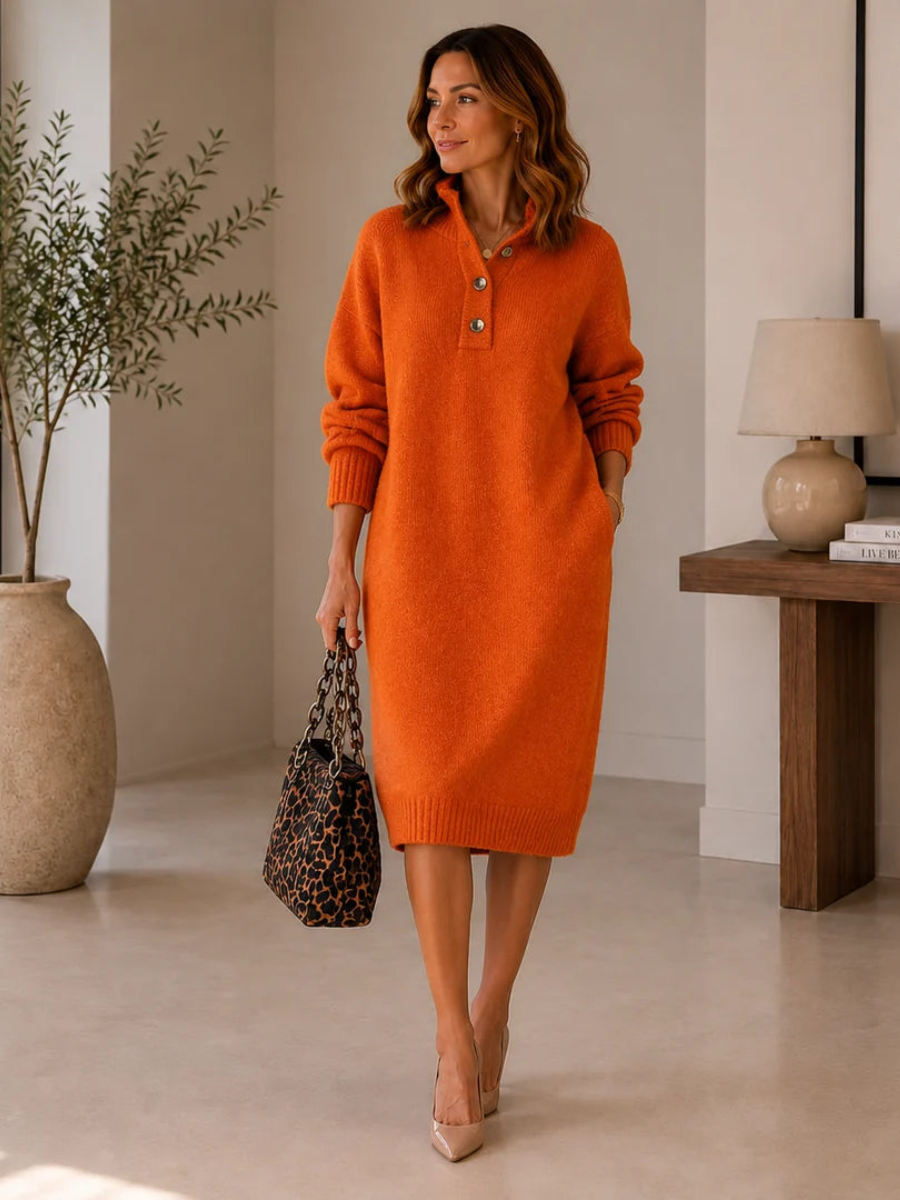 Ribbed Button-Collar Midi Knit Dress