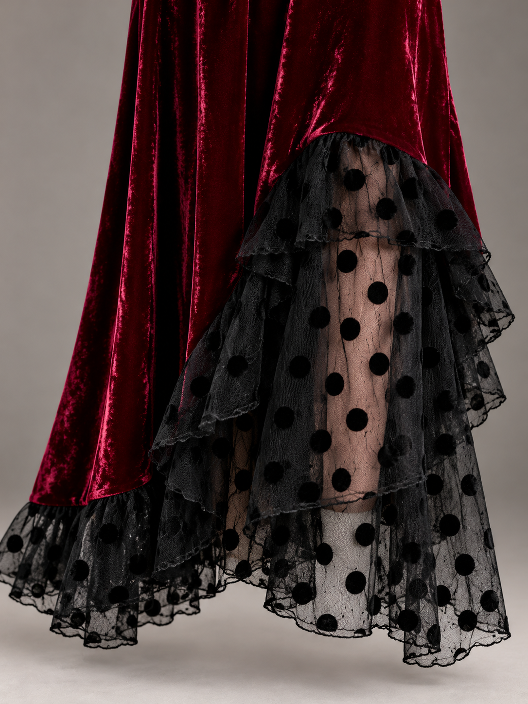 V-Neck Blouson-Sleeve Polka-Dot Mesh Velvet Maxi Dress