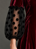 V-Neck Blouson-Sleeve Polka-Dot Mesh Velvet Maxi Dress