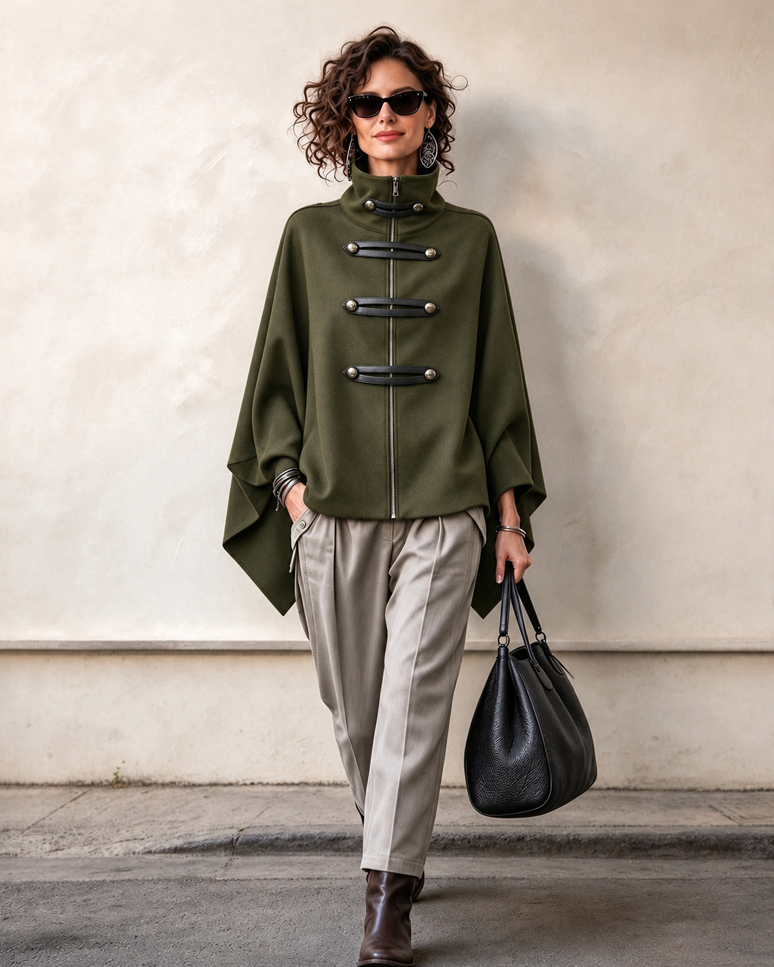 Cozy Stand-collar Stud-embellished Zippered Cape Coat