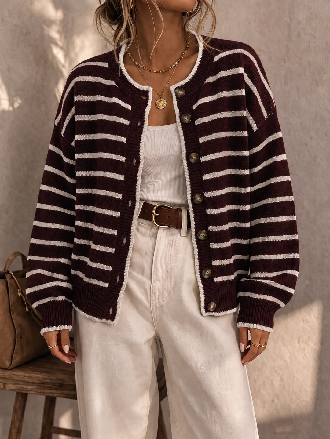 Contrast Trim Striped Knit Cardigan