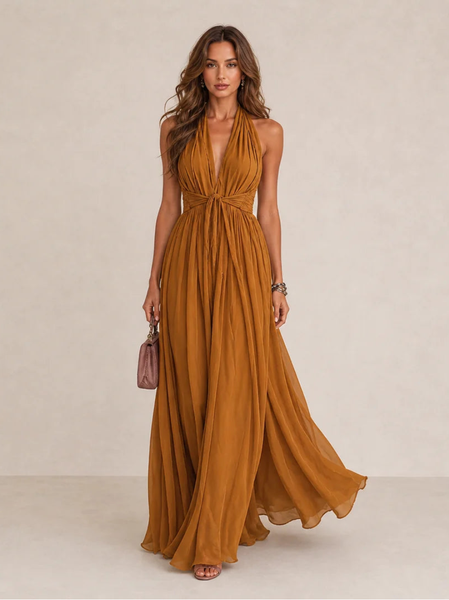 Twist-Waist Halter Chiffon Maxi Dress