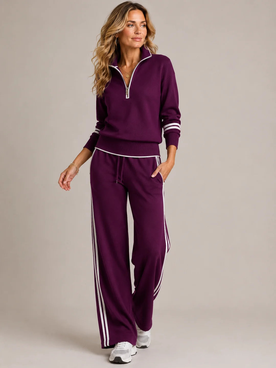 Contrast Stripe Quarter-Zip Wide-Leg 2-Piece Set