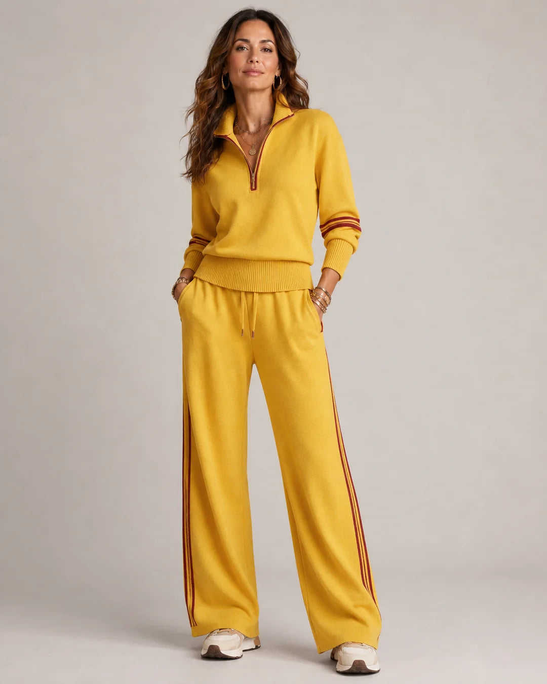 Contrast Stripe Quarter-Zip Wide-Leg 2-Piece Set