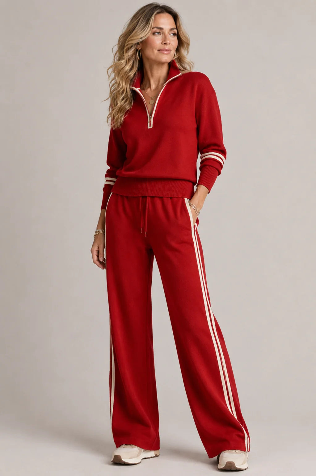 Contrast Stripe Quarter-Zip Wide-Leg 2-Piece Set