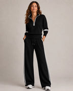 Contrast Stripe Quarter-Zip Wide-Leg 2-Piece Set