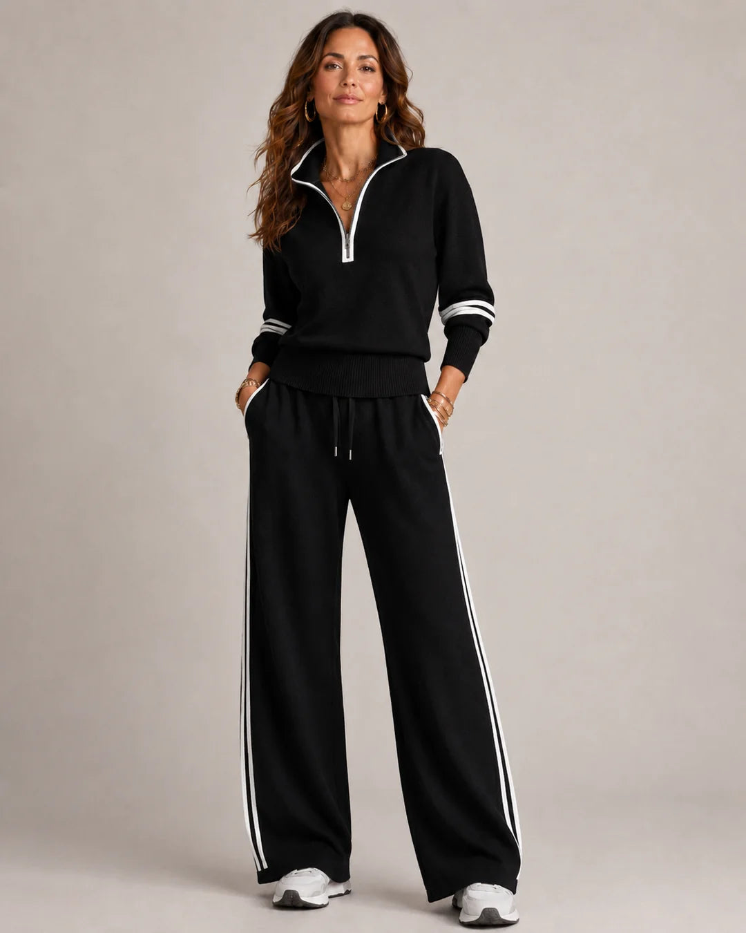 Contrast Stripe Quarter-Zip Wide-Leg 2-Piece Set