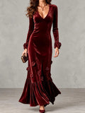 Velvet V-neck Long-sleeve Mermaid Maxi Dress