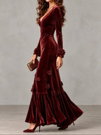 Velvet V-neck Long-sleeve Mermaid Maxi Dress