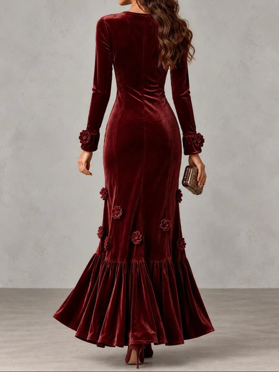 Velvet V-neck Long-sleeve Mermaid Maxi Dress