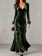 Velvet V-neck Long-sleeve Mermaid Maxi Dress