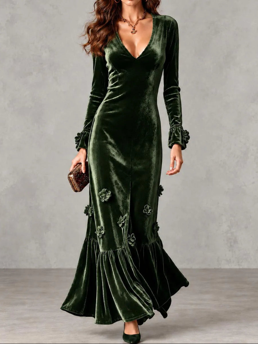Velvet V-neck Long-sleeve Mermaid Maxi Dress