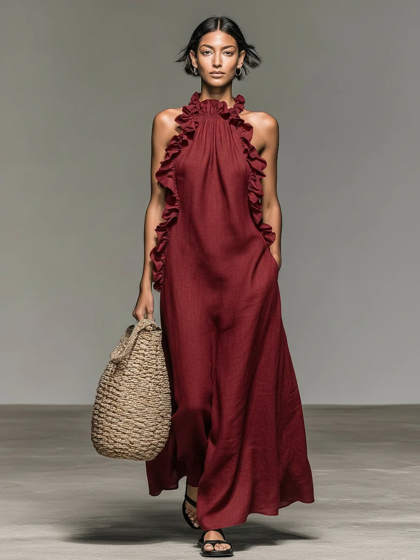 Ruffle-Trim Halter Maxi Dress with Pockets