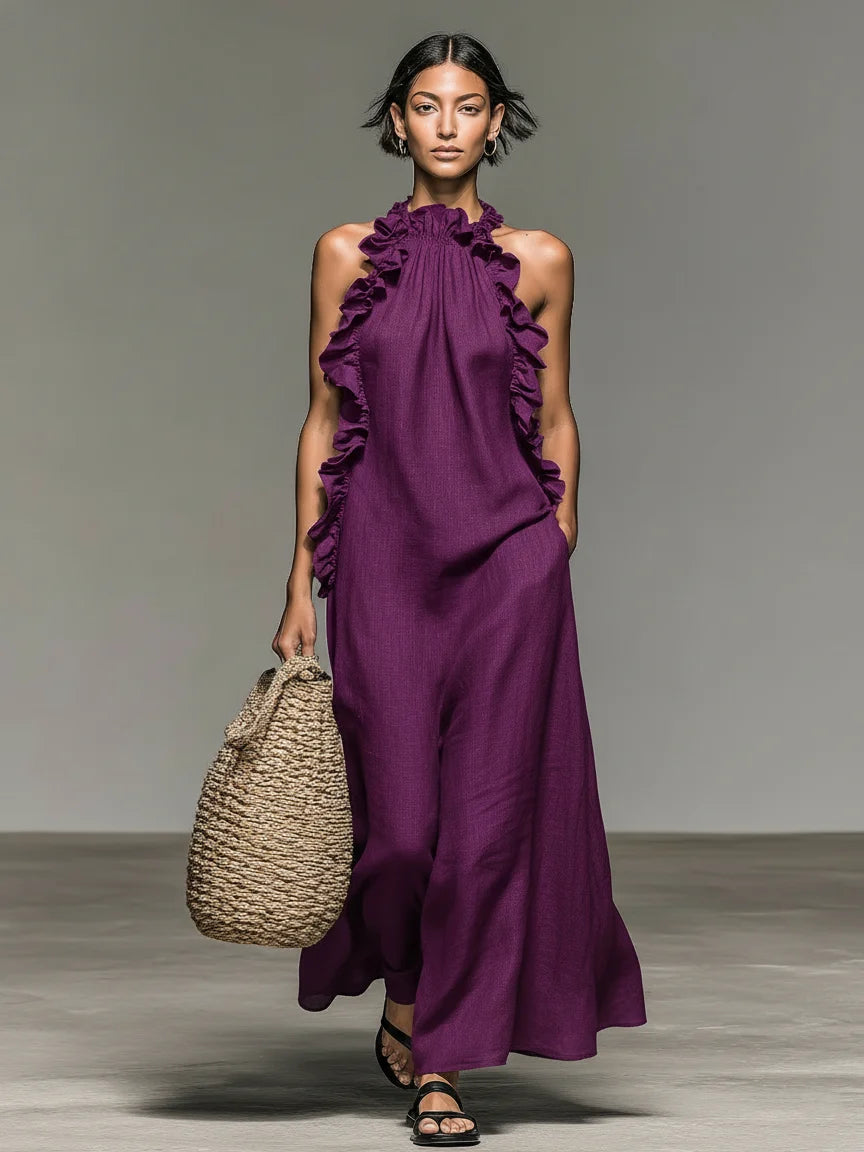 Ruffle-Trim Halter Maxi Dress with Pockets