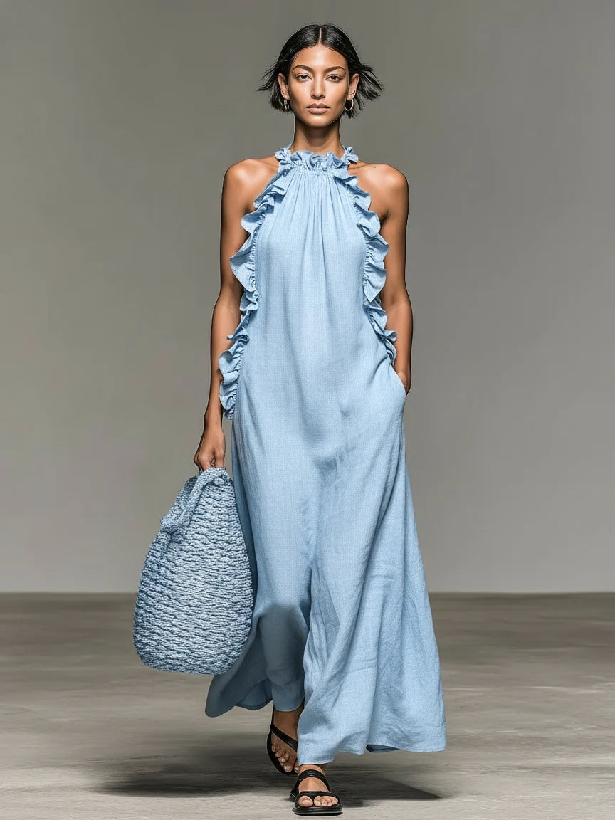 Ruffle-Trim Halter Maxi Dress with Pockets