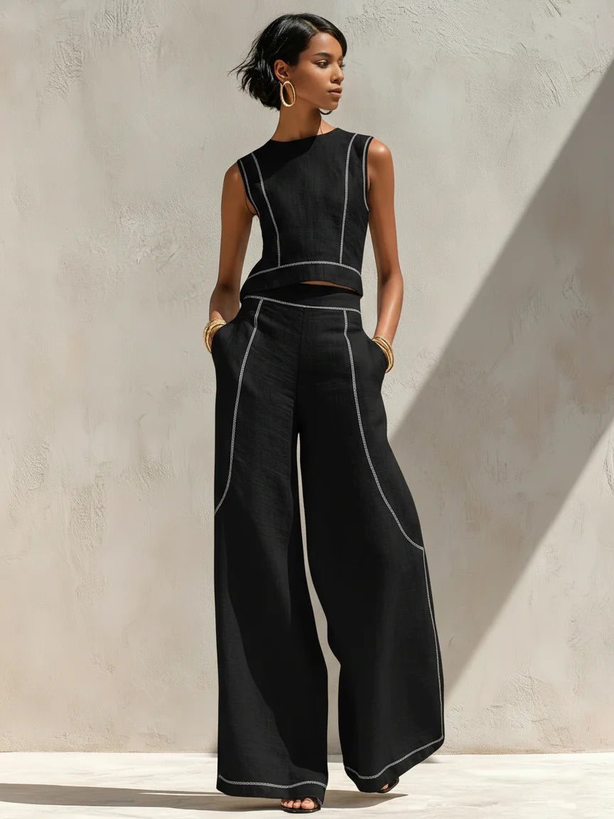 Contrast Trim Sleeveless Top & Wide-Leg Pants Set