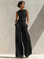 Contrast Trim Sleeveless Top & Wide-Leg Pants Set