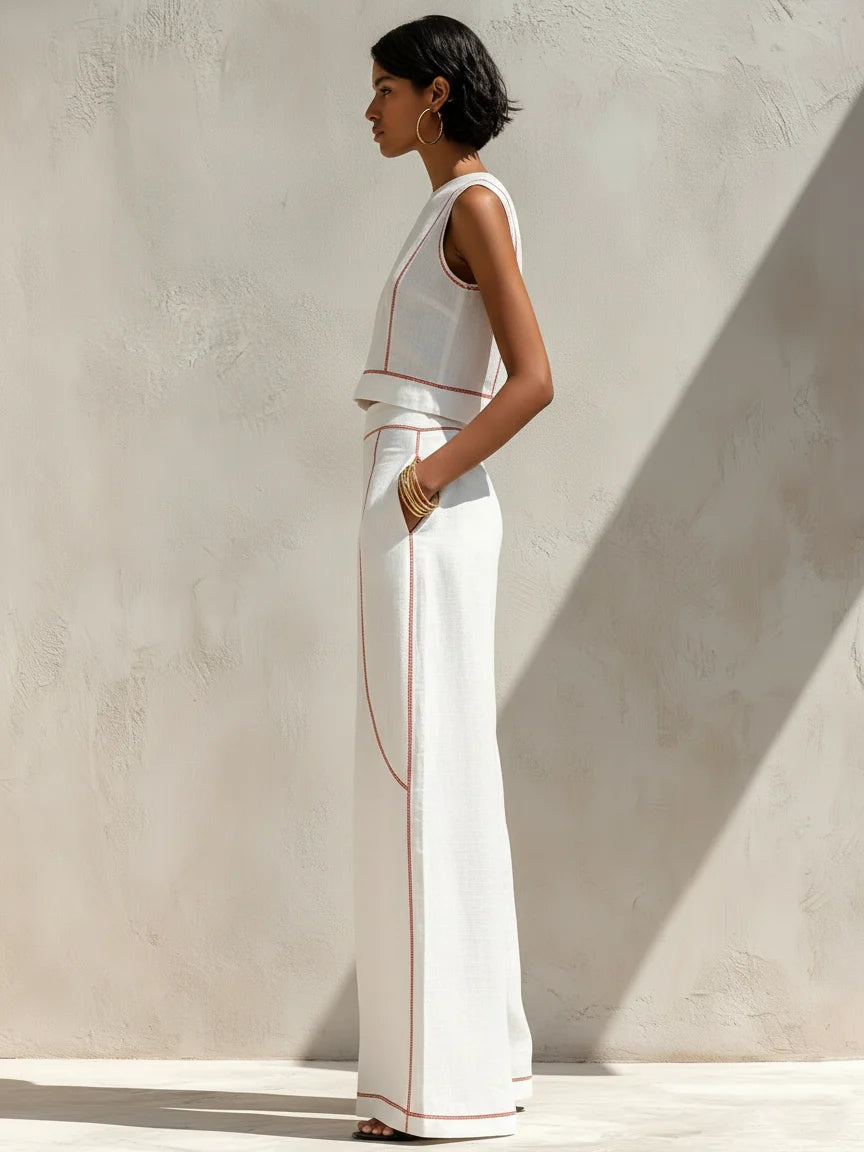 Contrast Trim Sleeveless Top & Wide-Leg Pants Set